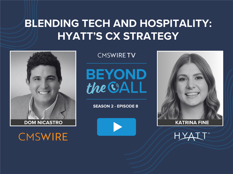 Dark blue background with rectangular black and white headshots of CMSWire TV's show, Beyond The Call with guest Katrina Fine and host Dom Nicastro