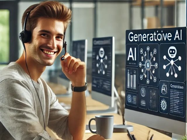 Generative-AI created image of a man in a contact center smiling at the camera in front of a computer-screen.