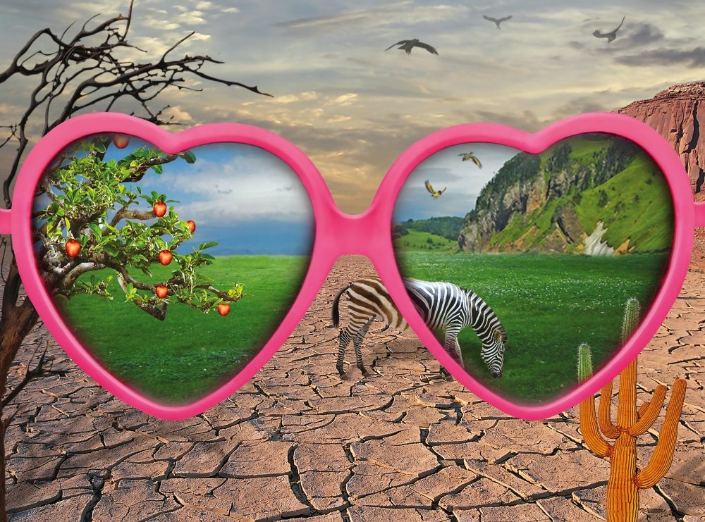 This image features a pair of large, pink, heart-shaped sunglasses overlooking a surreal landscape. The left lens shows a barren, cracked earth under a clear sky with a lone tree bearing red apples, while the right lens reveals a lush green field with zebras, a cactus, and birds flying above a cliff and a waterfall. This imaginative portrayal symbolizes the contrasting realities and expectations surrounding AI revenue.
