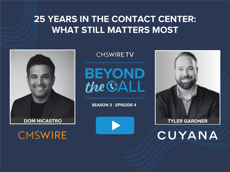 Blue background two grey headshot photos of host, Dom Nicastro and guest Tyler Gardner for CMSWire TV's Beyond The Call