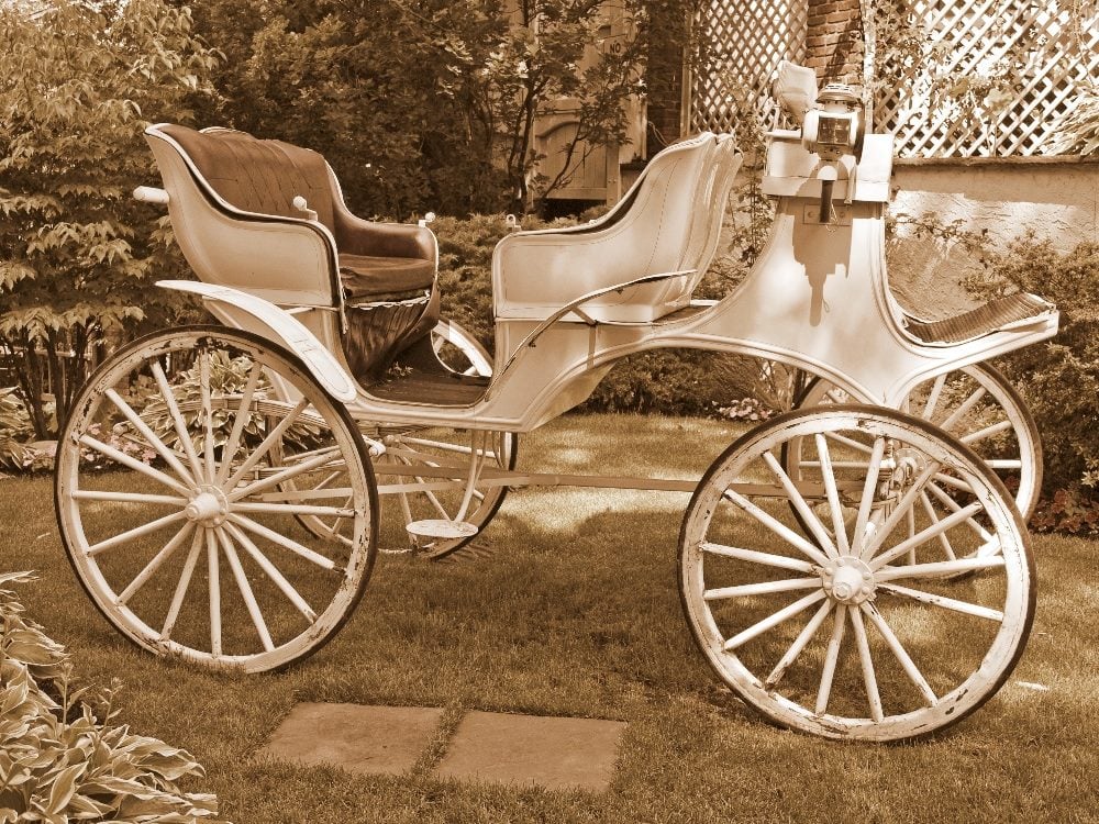 Sepia-toned photograph of a vintage horse-drawn carriage with large wooden wheels and upholstered seating, parked on a grassy lawn surrounded by trees, shrubs and a garden landscape. The carriage evokes early transportation design and historical travel methods.