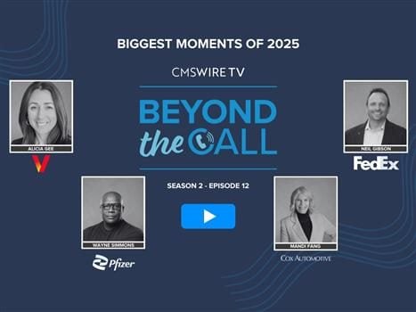 Graphic promoting CMSWire TV’s “Beyond the Call” Biggest Moments of 2025, Season 2 Episode 12, featuring Alicia Gee (Verizon), Neil Gibson (FedEx), Wayne Simmons (Pfizer), and Mandi Fang (Cox Automotive), with a central play button and show branding.