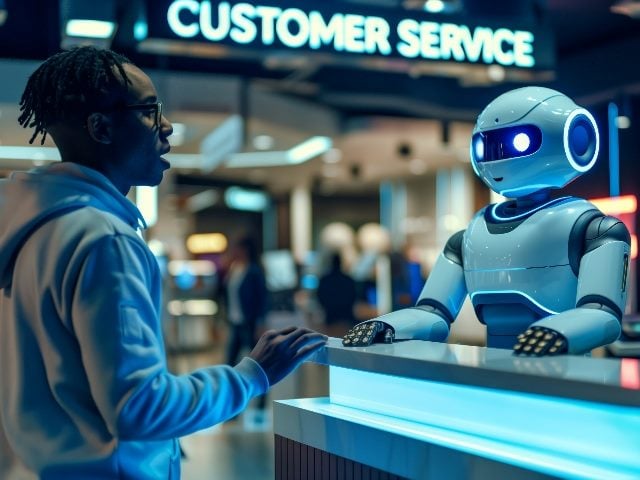 A customer service AI robot assisting a man in a store, with "customer service" sign in the background in an image generated by AI.  