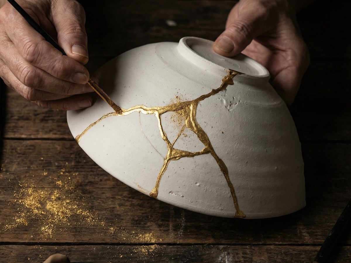 A craftsman carefully repairs a cracked ceramic bowl with gold lacquer in a kintsugi style