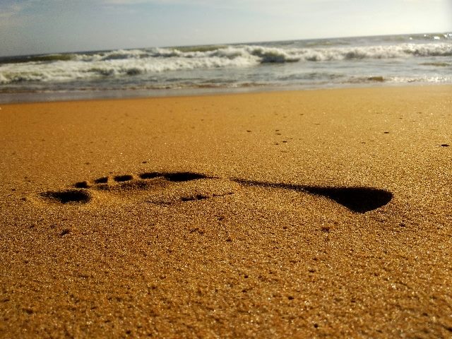 Footprint in sand at a beach with ocean as a backdrop.
