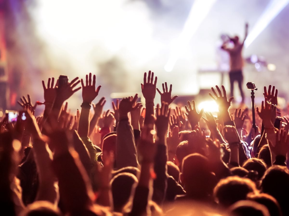 Excited crowd at a live concert with raised hands and a performer on stage under bright lights.