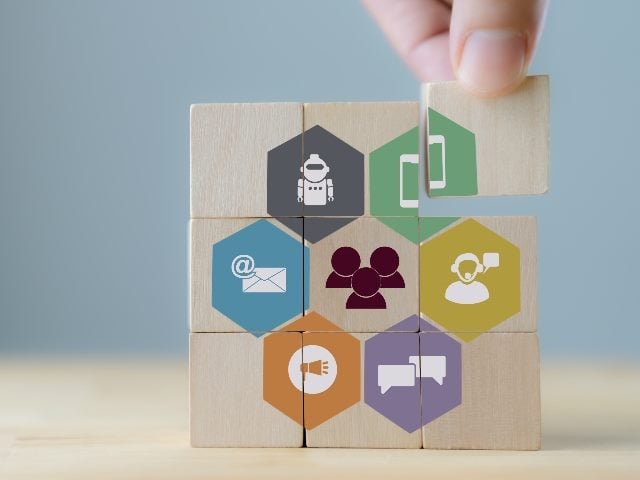 Wooden blocks with images on them indicating where customers are these days including a robot for technology and a mobile phone, chatbots, email and in person, suggesting the importance of meeting customer needs and omnichannel customer journeys.