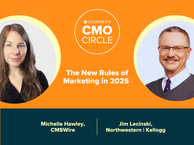 Orange background with two circular headshots on each side. It's the thumbnail for an episode of the CMO Circle with host, Michelle Hawley and guest, Jim Lecinski