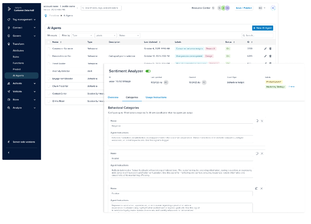 Screenshot of Tealium’s Customer Data Hub showing the new AI Agents interface, including a Sentiment Analyzer configuration panel with behavioral categories for classifying customer sentiment as negative, neutral or positive.