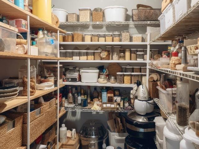 A cluttered and disorganized pantry overflowing with food, baking supplies, and other cooking essentials in piece about the marketing technology stack.