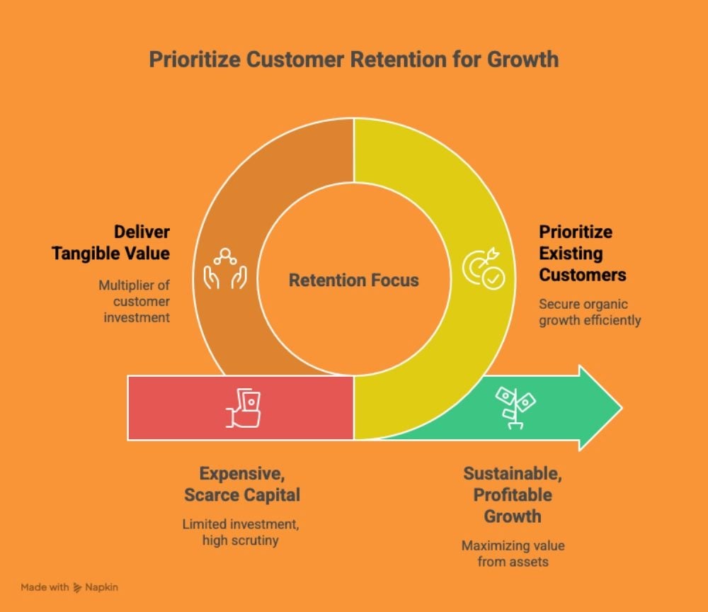 Infographic highlighting a retention-focused growth model that emphasizes delivering tangible value, prioritizing existing customers, and achieving sustainable, profitable growth despite expensive and scarce capital.