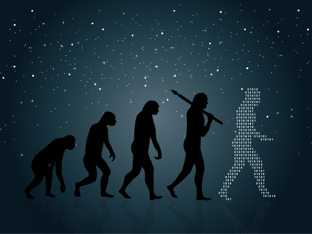 Evolution of Man into a modern digital world with a starry sky in the background