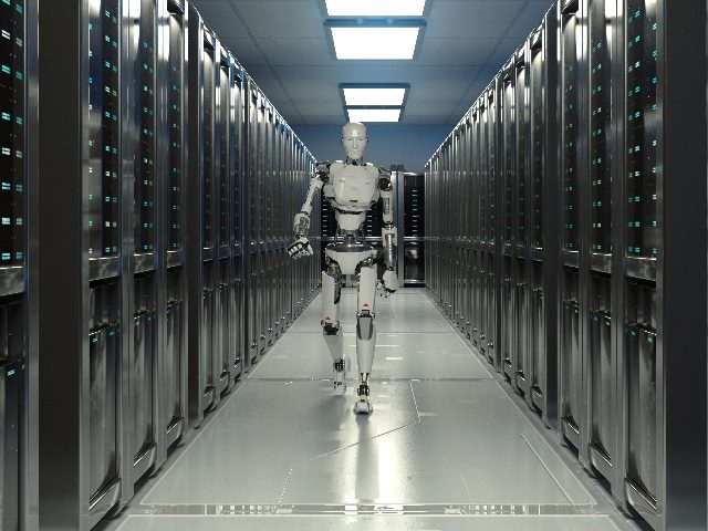 3D Render of robot walking in data center.