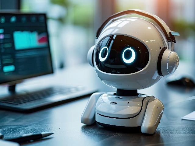 A virtual customer support center with an AI chatbots/robot next to a desktop computer, in an image generated by AI. 