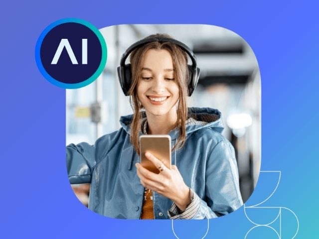 woman wearing headphones looking at her smartphone with a blue background with the text "AI" written in a black circle with white lettering to her right.