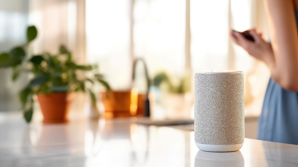 A person interacts with a smart speaker in the kitchen with plants, a sink and windows visible in the background in piece about targeted advertising and active listening.