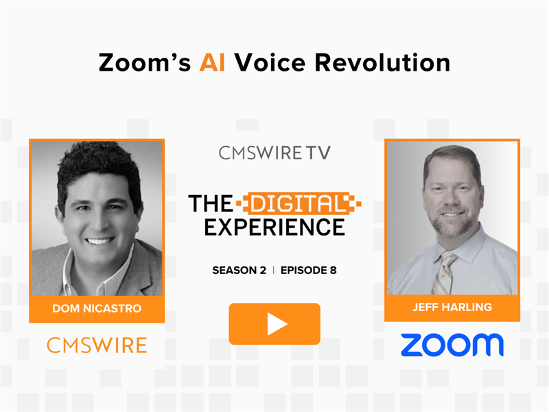 Pixelated grey thumbnail with two rectangular headshots of CMSWire TV's show, The Digital Experience host, Dom Nicastro and guest, Jeff Harling