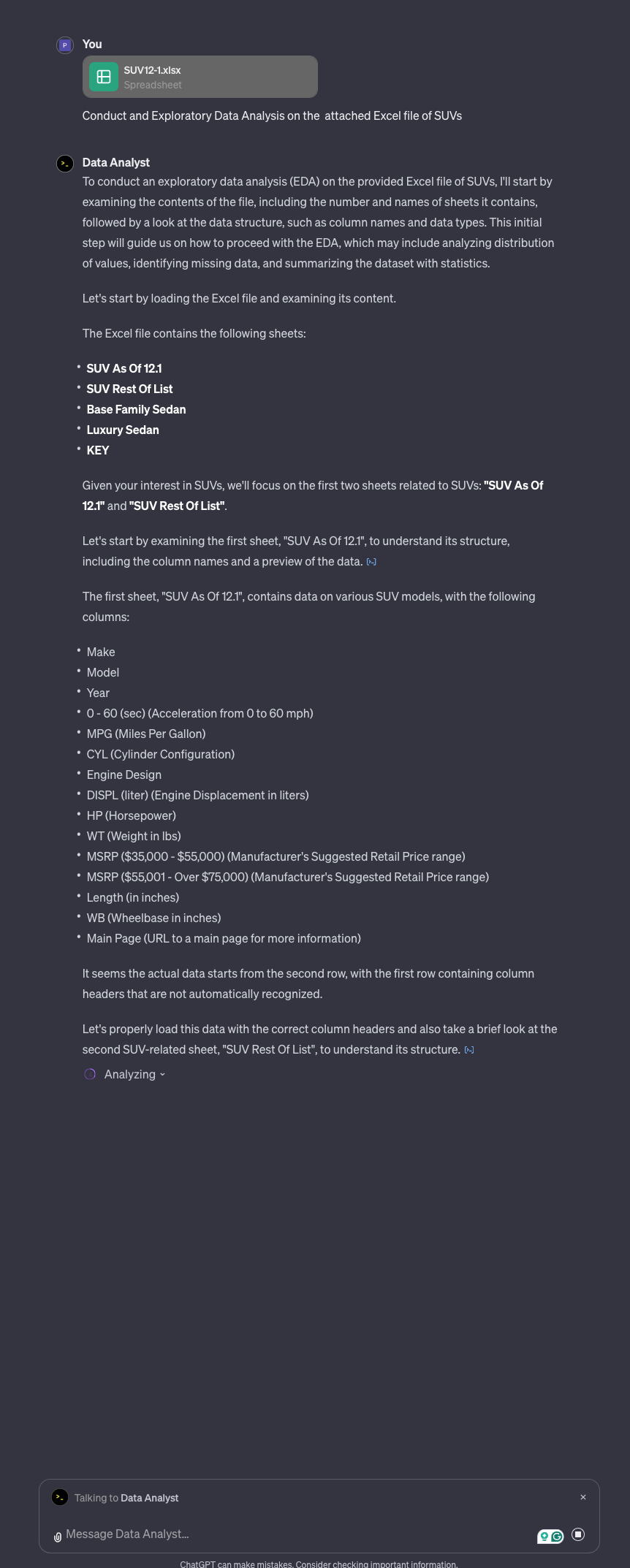 ChatGPT Data Analyst Response GPT Mentions Screenshot