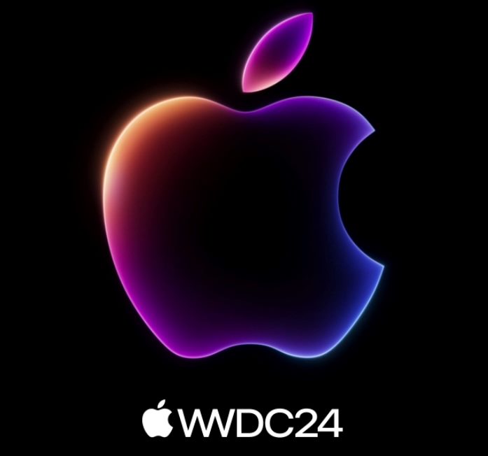This image features a stylized Apple logo in gradient neon colors against a dark background, designed for Apple's Worldwide Developers Conference 2024 (WWDC24). The Apple logo is illuminated in vibrant hues of purple, pink, and blue, highlighting the event's focus on technology and innovation. The text "WWDC24" is included at the bottom, indicating the year of the conference.