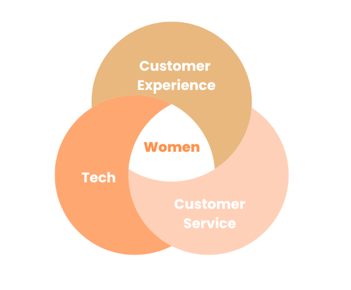 A chart in tan, pink and peach depicting customer experience, tech, customer service and women.