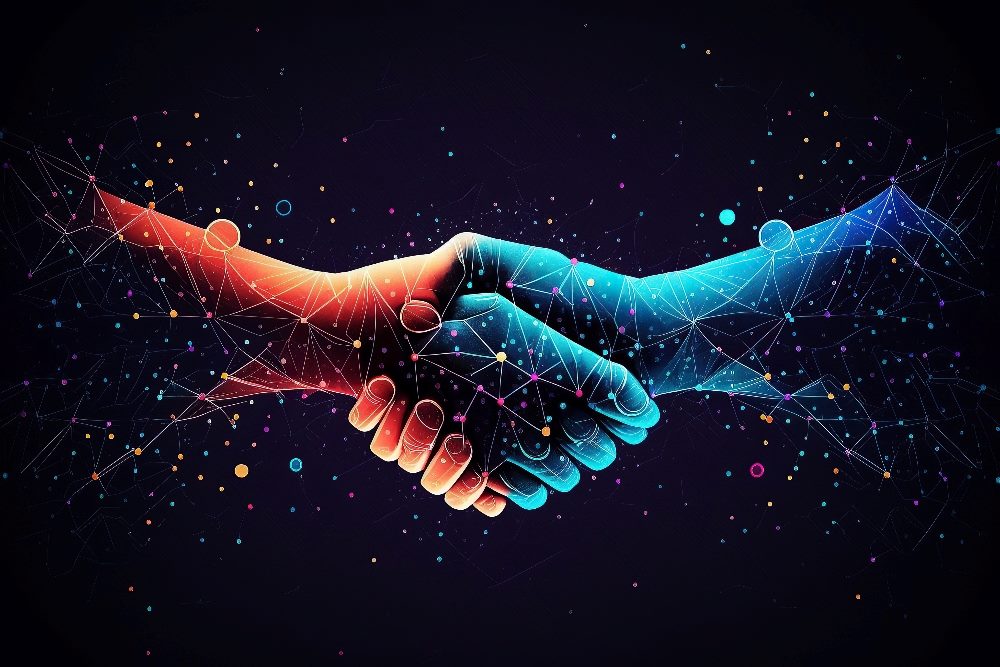 Two wire-frame glowing hands, a red one on the left and a blue one on the right, shake in partnership in piece about finding data providers.