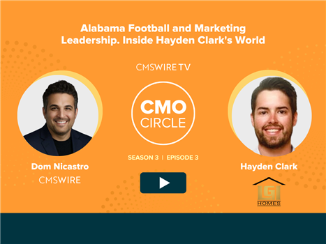 Orange background two circular headshots of guest Hayden Clark and host of CMSWire TV's CMO Circle, Dom Nicastro