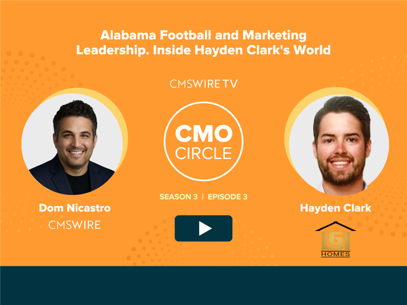 Orange background two circular headshots of guest Hayden Clark and host of CMSWire TV's CMO Circle, Dom Nicastro