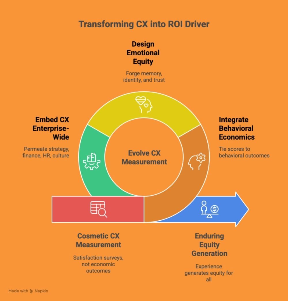 A circular diagram titled “Transforming CX into ROI Driver,” illustrating the evolution of CX measurement from cosmetic satisfaction surveys to enduring equity generation. The model highlights three shifts: integrating behavioral economics, designing emotional equity and embedding CX enterprise-wide.