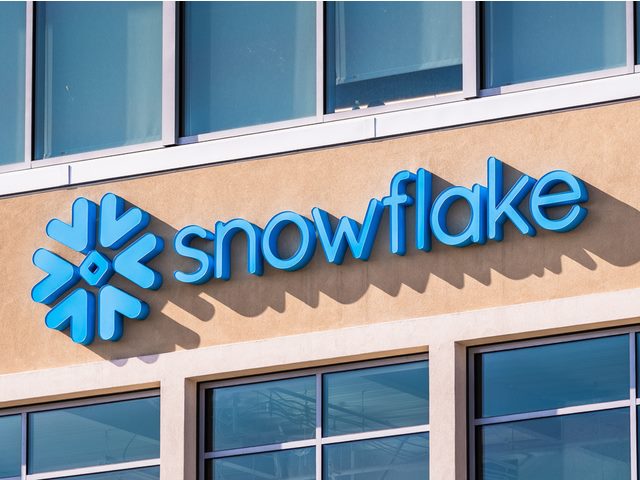 Snowflake symbol and logo at the company corporate headquarters in San Mateo, Calif. Snowflake Inc. is a cloud-based data-warehousing company,