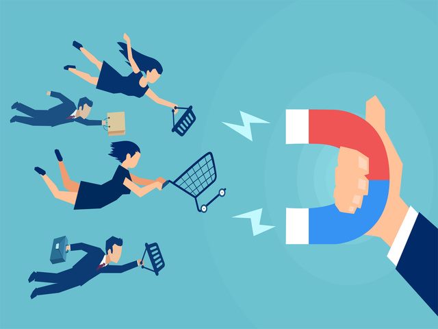 Illustration of hand holding out magnet and attracting customers
