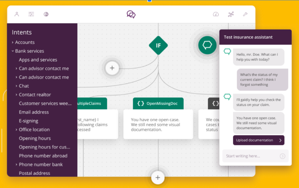 Boost.ai chatbot builder interface showing banking service intents on the left panel, including account and advisor contact options. The central workflow displays conditional logic for claims processing, while the right panel previews a test insurance assistant conversation, where the bot helps a customer check the status of an insurance claim and requests additional documentation.