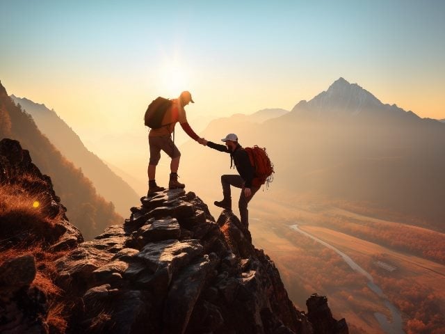 Teamwork concept with man helping friend reach the mountain top with sunset and mountains in the background, suggesting the need for adoption philosophies for AI in business. 