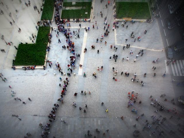 aerial view of people looking like pinheads