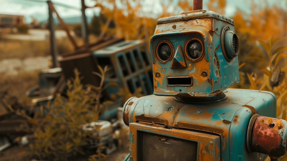 In the image, a weathered and rusty robot stands amidst a backdrop of overgrown plants and discarded machinery. Its once vibrant blue paint is now faded and peeling, giving it a forlorn and abandoned look. The robot's eyes, resembling old-fashioned gauges, add to its antiquated charm. This scene captures a sense of neglect and obsolescence, evoking a mood of forgotten technology left to the elements in piece about AI misinformation.
