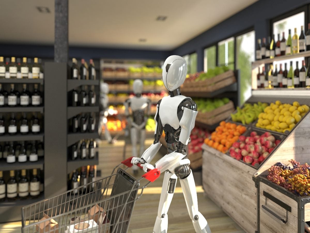 Humanoid robot pushing a shopping cart down a grocery store aisle filled with produce and wine, illustrating the concept of machine customers in retail.