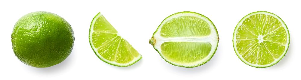 A whole lime, a lime wedge, have a lime, and a round slice of lime, representing the future of multisensory customer experience.