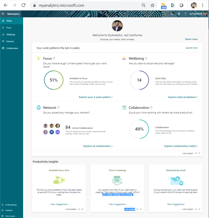 My personal MyAnalytics dashboard