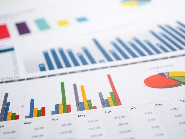 Charts and graphs in primary colors of red, green, blue and yellow on white sheet suggesting analytics research in pice about AI customer experience statistics. 