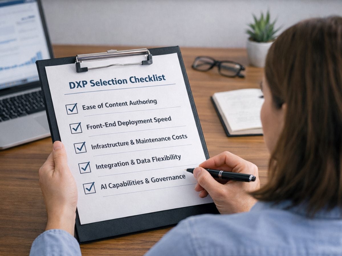 In an imaged generated with AI, a woman reviews a DXP selection checklist on a clipboard, evaluating criteria such as content authoring ease, front-end deployment speed, infrastructure costs, integration flexibility and AI governance at her desk.