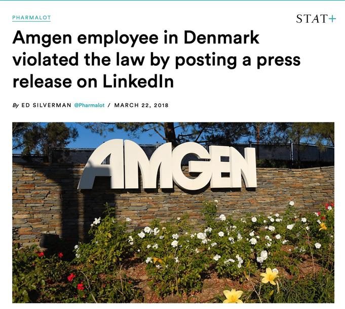 Amgen social media policy fail, employee violates law by posting on LinkedIn