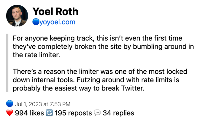 Yoel Roth posts on Bluesky about Twitter's rate limiter problem.