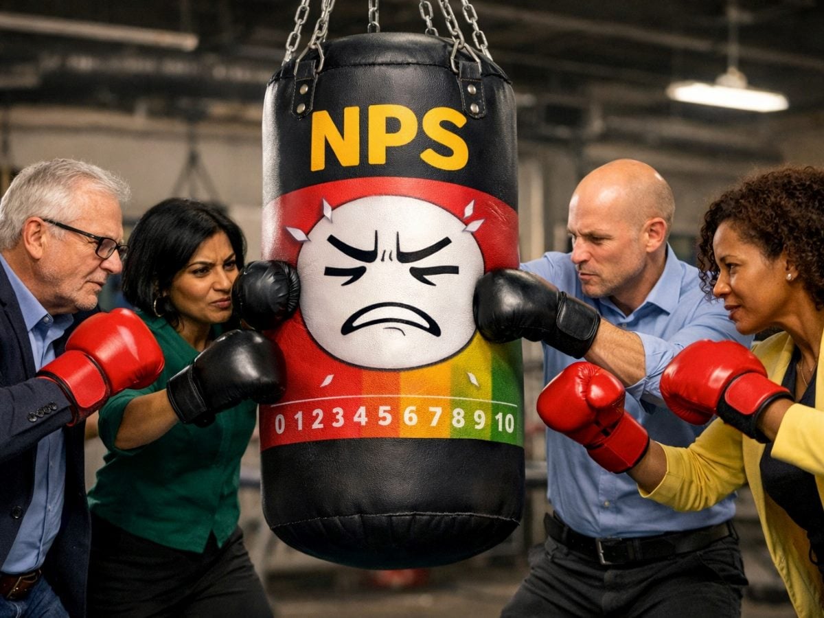 In an image generated by AI, CX professionals wearing boxing gloves punch a hanging punching bag labeled “NPS,” which features a 0–10 rating scale and a distressed face, symbolizing criticism of Net Promoter Score.