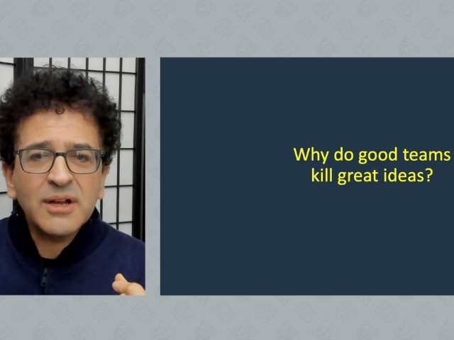 Screenshot of Safi Bahcall during his keynote presentation at the Digital Workplace Experience virtual conference. A slide next to his headshot says, "Why do good teams kill great ideas?"