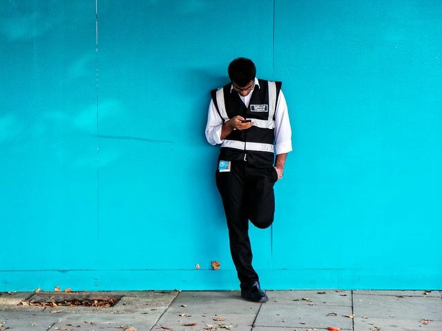 on break, checking the phone