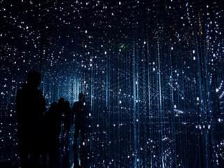 people walking through lightshow  in a science  museum