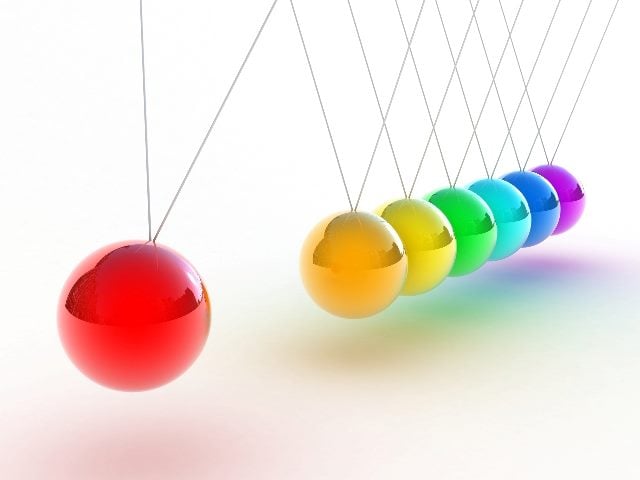 A multi-colored, red, orange, yellow, green, turquoise, blue and purple, Newton's cradle or pendulum, demonstrating momentum, in piece about momentum needed to avoid diversity fatigue. 