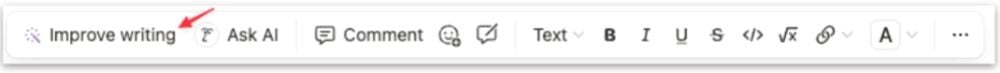 Screenshot of Notion’s toolbar showing AI-assisted options including “Improve writing,” “Ask AI,” “Comment,” and text formatting tools.