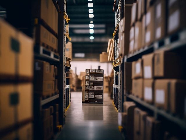Warehouse distribution center with merchandise boxes, shelves, cardboard boxes and products along multi-tier racks with products on pallets.