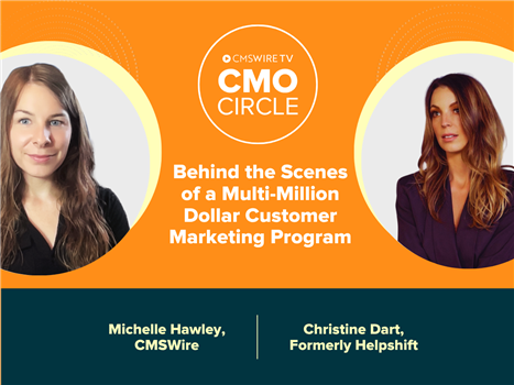 Orange background thumbnail for CMO Circle show with two circular headshots of the host Michelle Hawley and guest Christine Dart