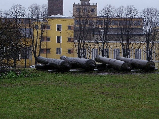 Four old defense cannons set up to protect a house.